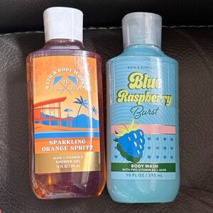Bath and body shower gels in blue raspberry and sparkling orange spritz